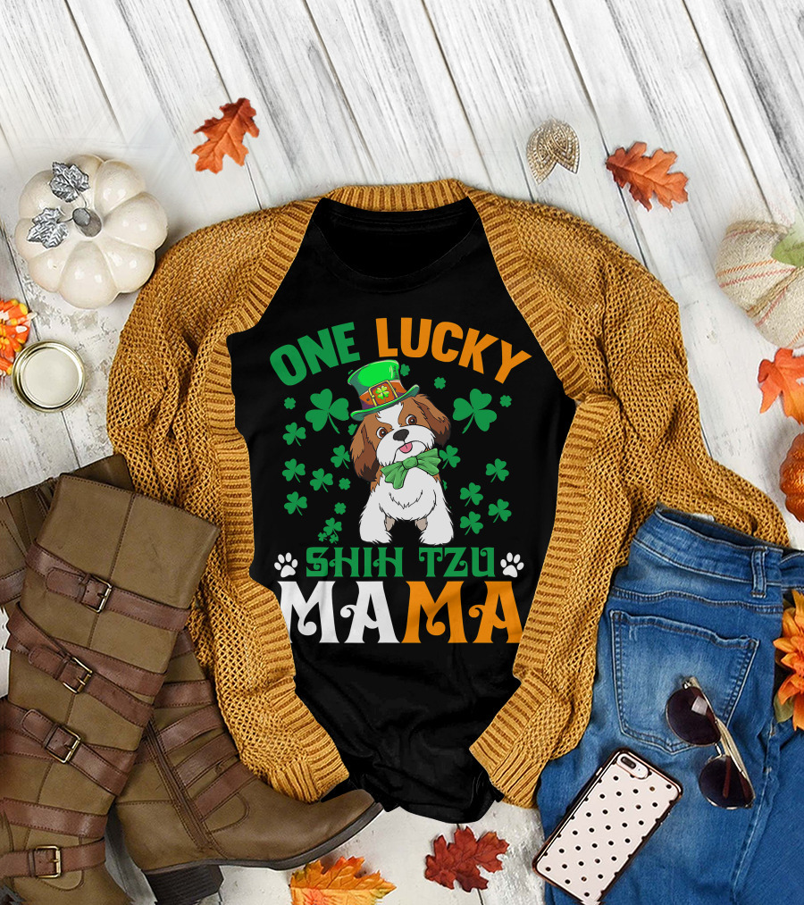 One Lucky Shih Tzu Mama St Patricks Day Green Hat Shamrocks T-Shirt