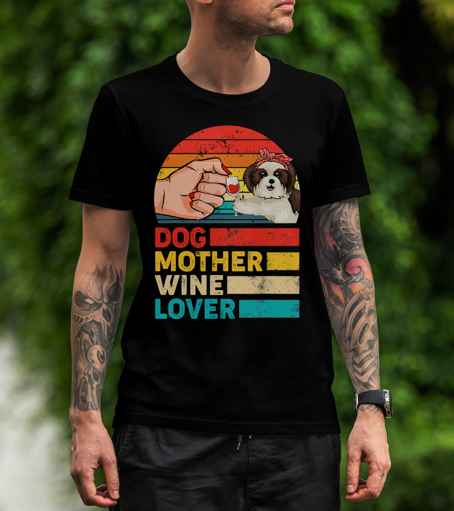 Dog Mother Wine Lover Shih Tzu Retro T-Shirt