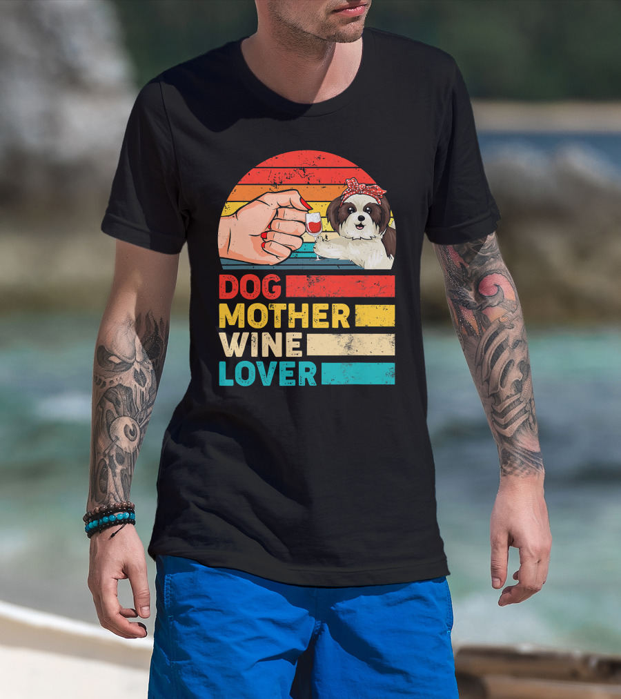 Dog Mother Wine Lover Shih Tzu Retro T-Shirt