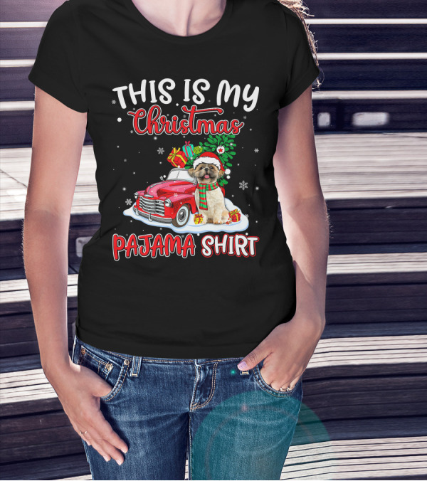 Retro Christmas Pajama Shih Tzu Santa Hat Presents Vintage Car T-Shirt