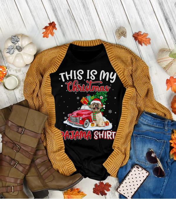 Retro Christmas Pajama Shih Tzu Santa Hat Presents Vintage Car T-Shirt