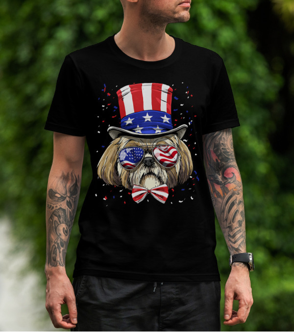 Shih Tzu Fourth Of July American Dog In USA Flag Hat And Glasses T-Shirt
