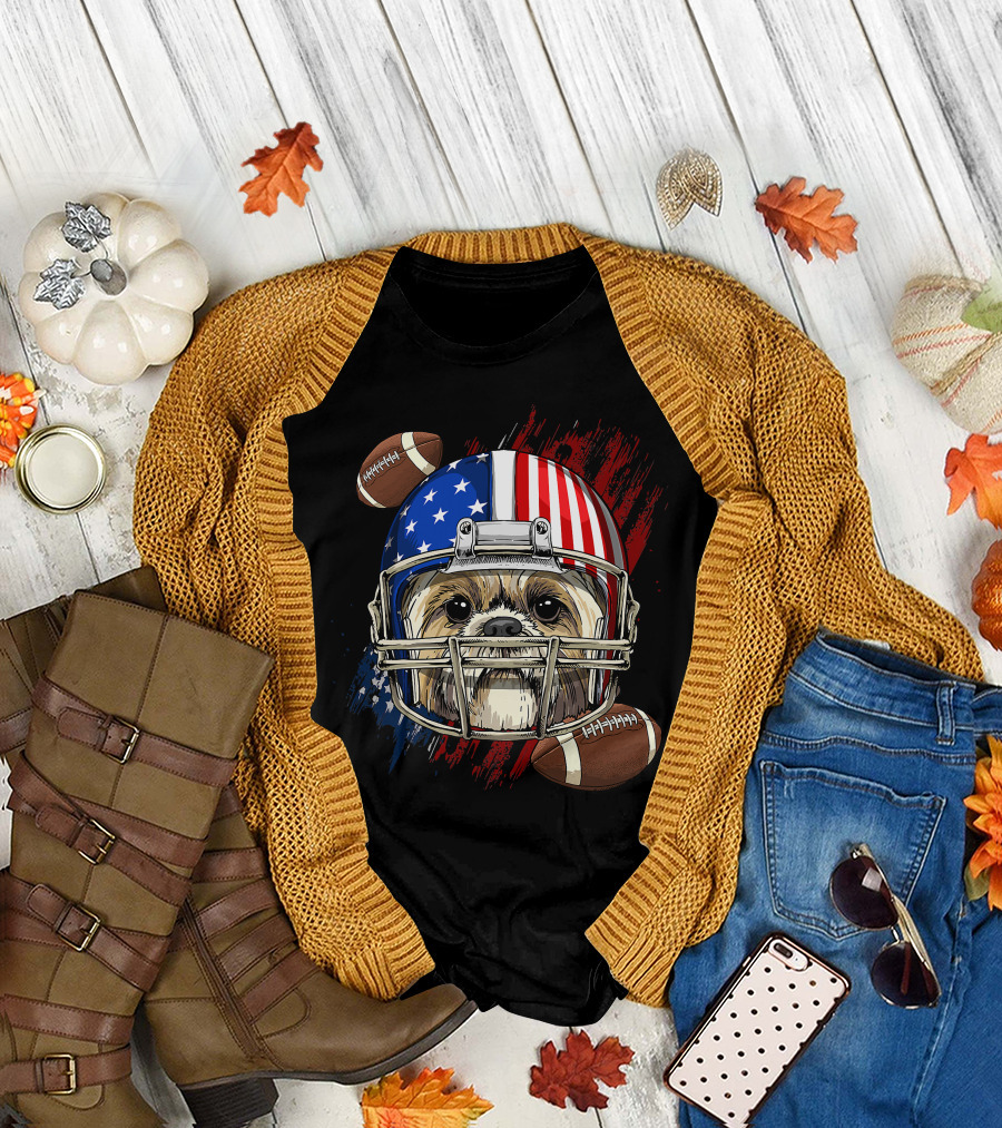 Shih Tzu in American Football Helmet with USA Flag and Footballs T-Shirt