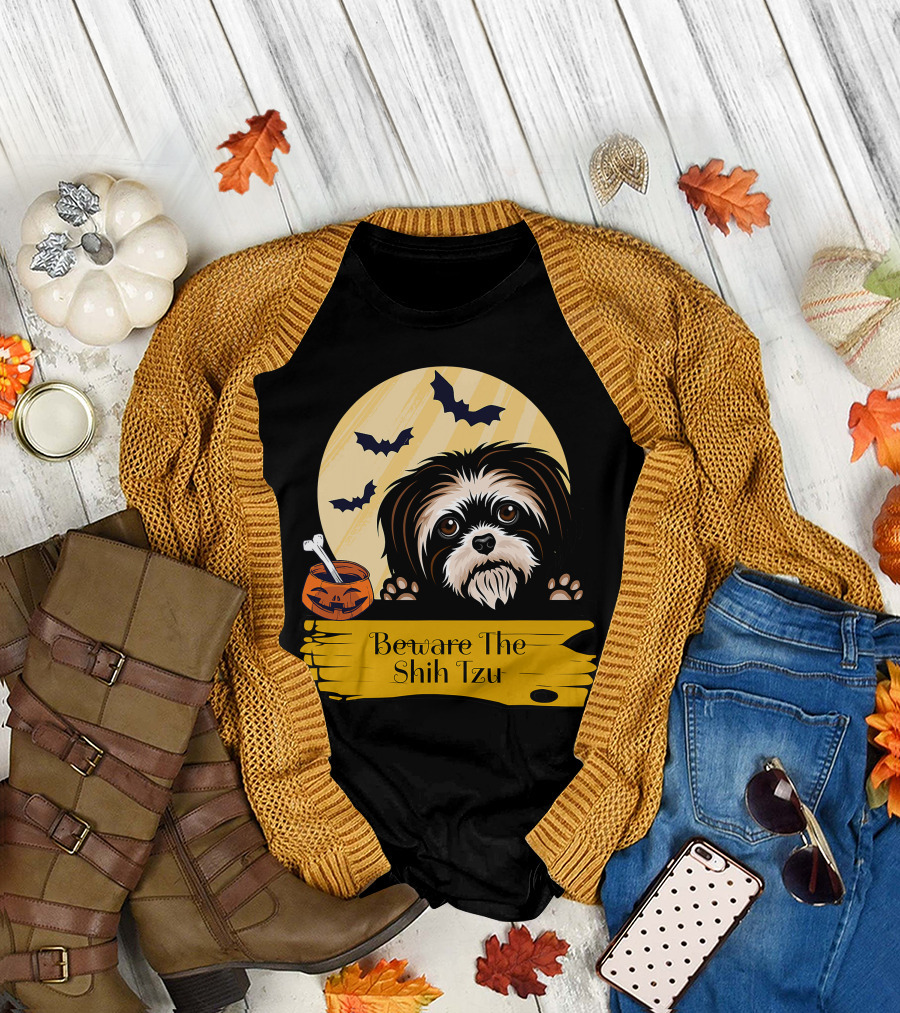 Beware The Shih Tzu Halloween Bats Moon Pumpkin T-Shirt