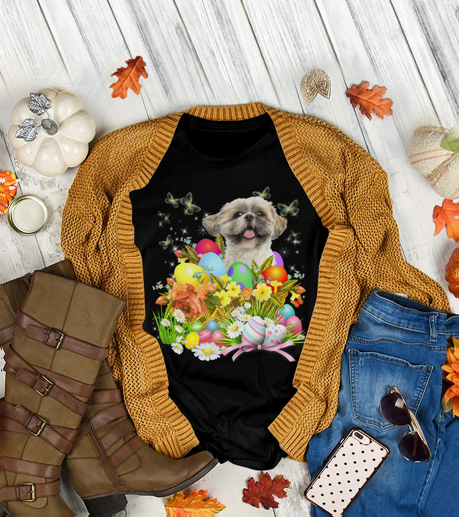 Shih Tzu Bunny Dog With Easter Eggs and Floral Basket T-Shirt