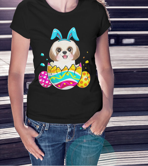 Shih Tzu Bunny Ears Easter Day Cute Dog Dad With Colorful Eggs T-Shirt
