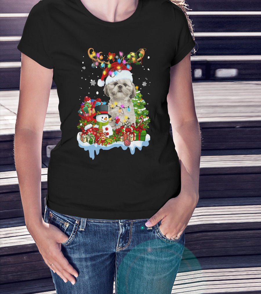 Shih Tzu Christmas Santa Hat Reindeer Antlers Lights Snowman Gifts Tree T-Shirt