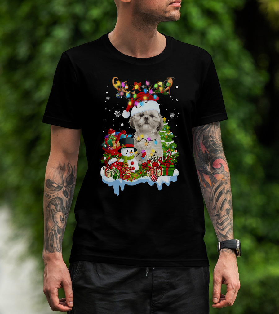 Shih Tzu Christmas Santa Hat Reindeer Antlers Lights Snowman Gifts Tree T-Shirt