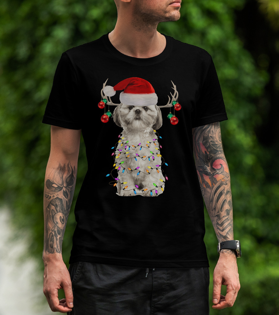 Shih Tzu Christmas Tree Santa Hat With Lights And Antlers T-Shirt