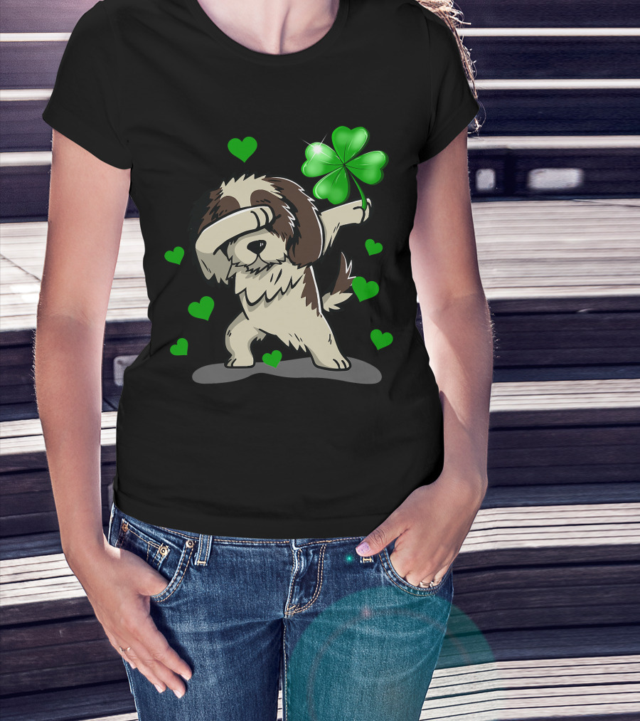 Shih Tzu Dabbing With Green Shamrock And Hearts T-Shirt