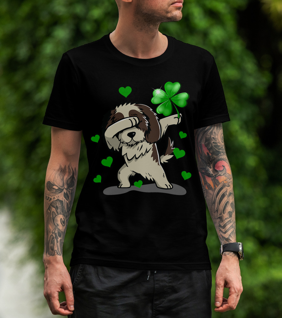 Shih Tzu Dabbing With Green Shamrock And Hearts T-Shirt