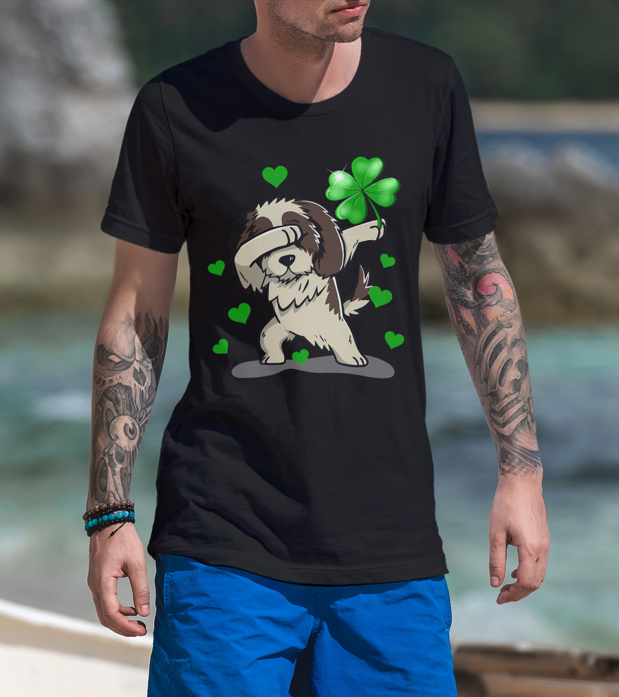 Shih Tzu Dabbing With Green Shamrock And Hearts T-Shirt