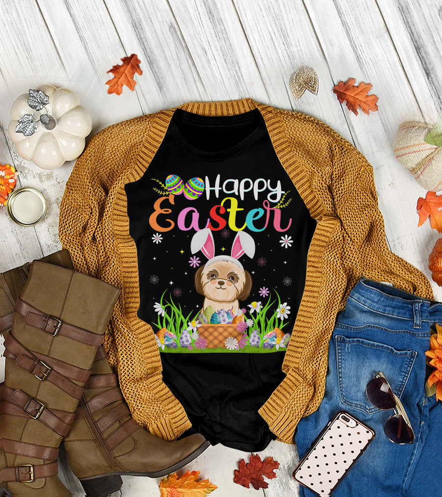 Happy Easter Shih Tzu Dog Bunny Egg Hunting Funny Shih Tzu T-Shirt