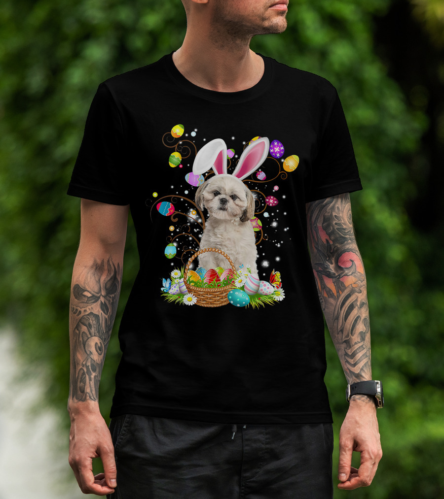 Shih Tzu Dog Bunny Ears With Colorful Easter Eggs Basket Fun Easter Day T-Shirt