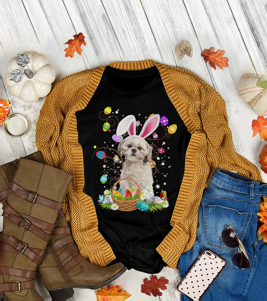 Shih Tzu Dog Bunny Ears with Colorful Easter Eggs Basket Fun Easter Day T-Shirt