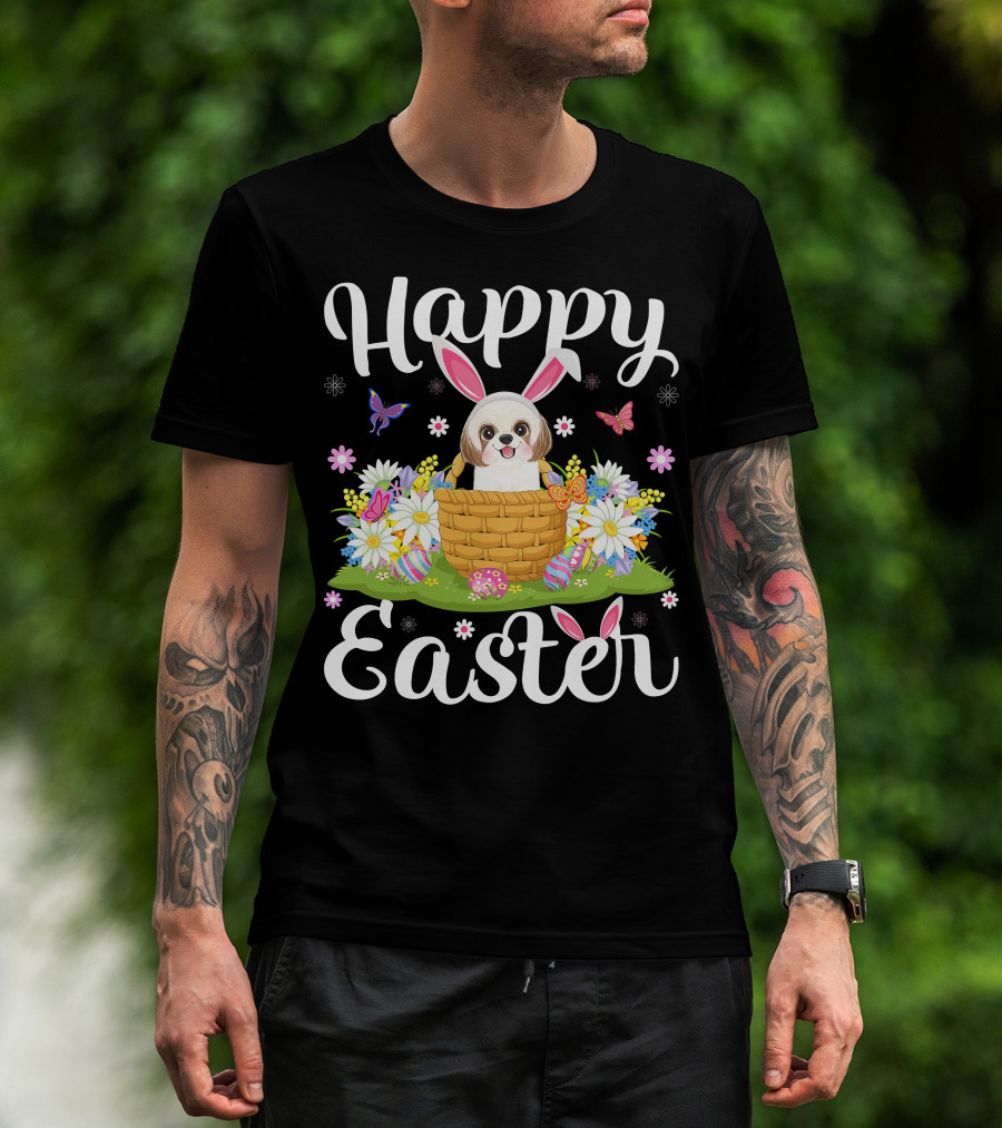 Shih Tzu Dog With Bunny Ears In Easter Egg Basket With Flowers And Butterflies T-Shirt