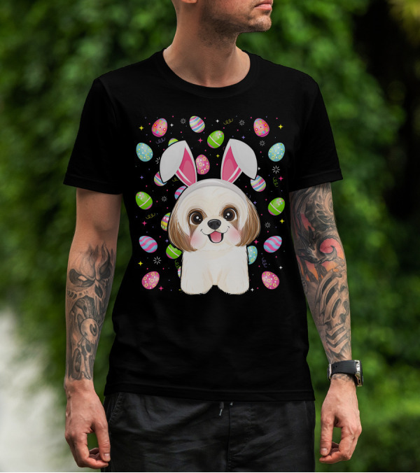 Shih Tzu Dog With Easter Eggs And Bunny Ears Funny Easter Lover Image T-Shirt