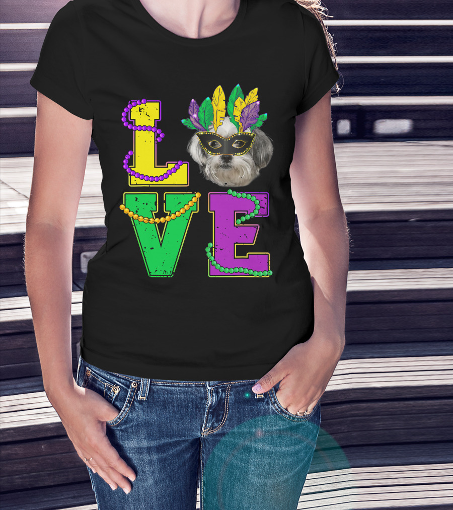 Shih Tzu Puppy Love Mardi Gras Beads Mask T-Shirt