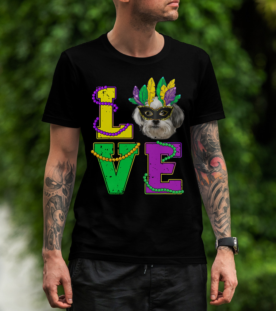 Shih Tzu Puppy Love Mardi Gras Beads Mask T-Shirt