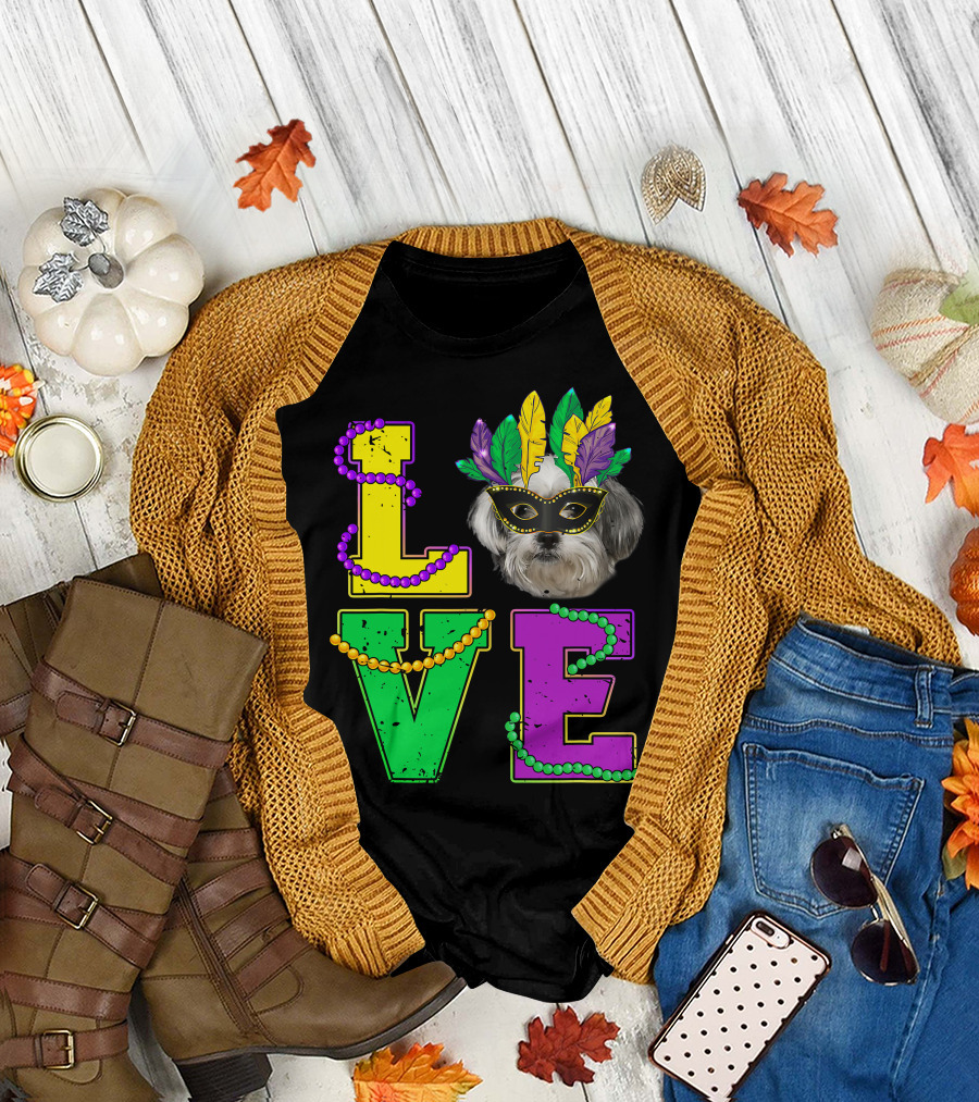 Shih Tzu Puppy Love Mardi Gras Beads Mask T-Shirt