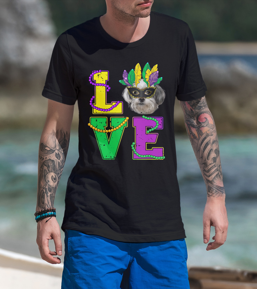 Shih Tzu Puppy Love Mardi Gras Beads Mask T-Shirt