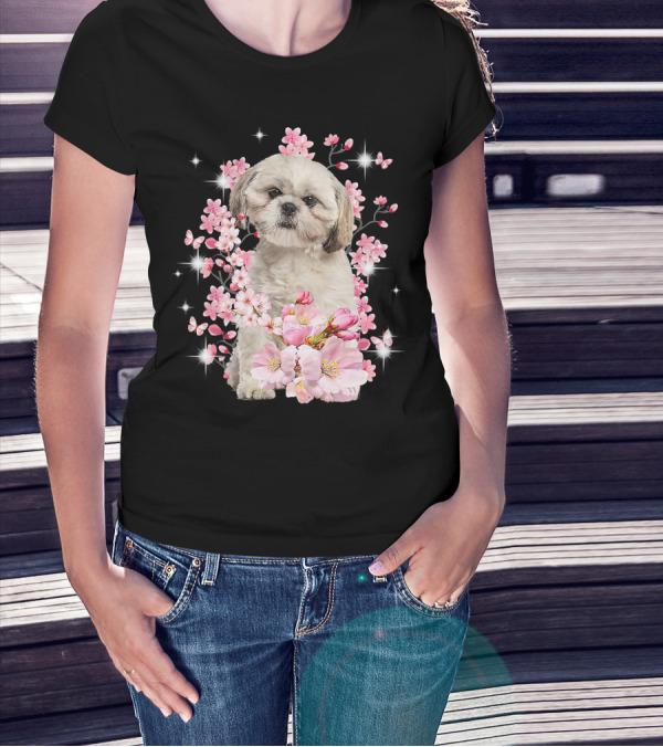Shih Tzu Dog Sakura Japanese Cherry Blossom T-Shirt