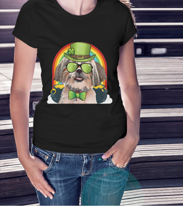 Shih Tzu Dog Leprechaun Rainbow Coins Bow Tie Sunglasses T-Shirt