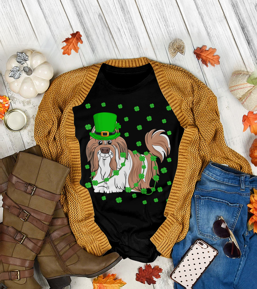 Shih Tzu Dog Lover St. Patrick's Day Leprechaun Hat and Clover T-Shirt