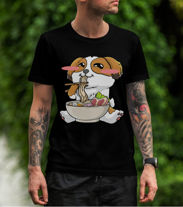 Shih Tzu Dog Enjoying Ramen Noodles With Kawaii Cute Blush Cheeks T-Shirt