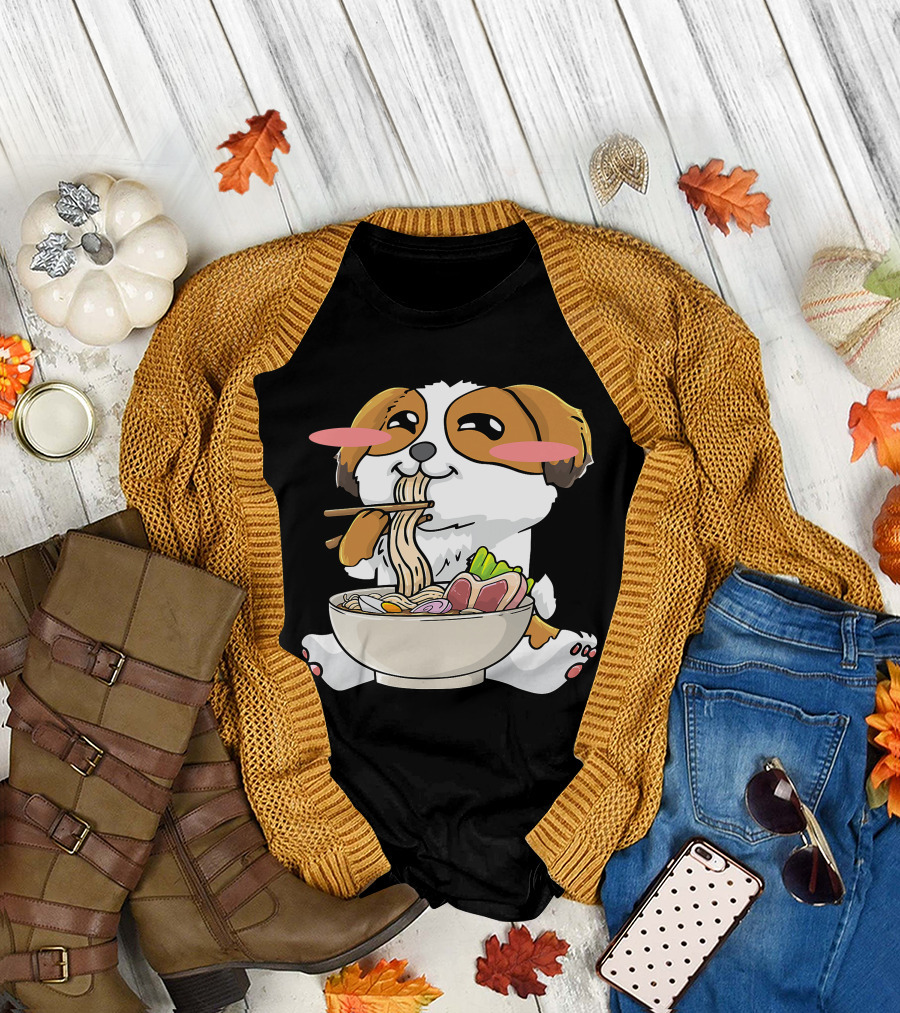 Shih Tzu Dog Enjoying Ramen Noodles With Kawaii Cute Blush Cheeks T-Shirt