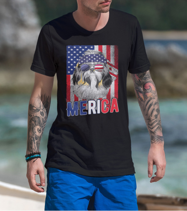 Shih Tzu Merica USA American Flag Patriotic Boys 4 Glasses Headband Stars Stripes T-Shirt