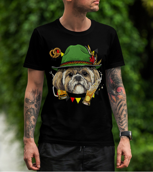 Shih Tzu Oktoberfest Dog With Lederhosen Hat And Beer German Pretzel T-Shirt