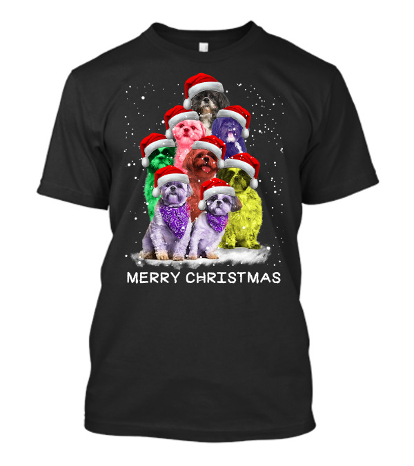 Merry Christmas Shih Tzu Ornament Decoration Santa Hat Xmas Tree Dog T-Shirt