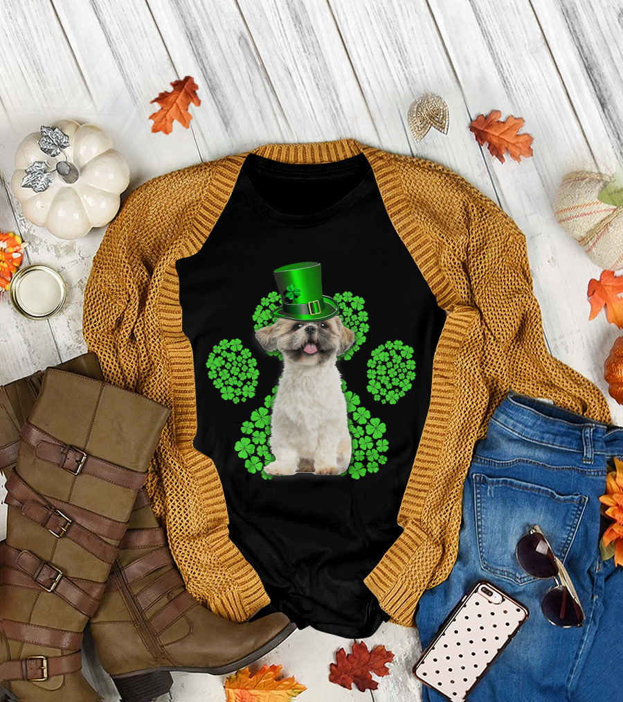 Shih Tzu with Shamrock Paw Prints and Green Hat for St Patrick's Day T-Shirt