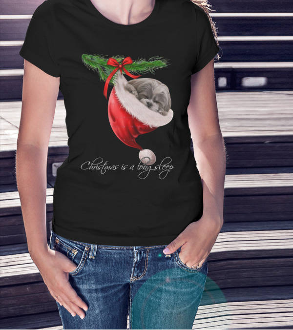 Shih Tzu Sleeping In Santa's Hat Christmas Is A Snuggly Dream T-Shirt