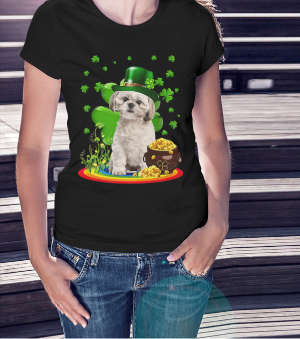 Shih Tzu Irish Shamrock St Patricks Day Lover With Pot Of Gold T-Shirt