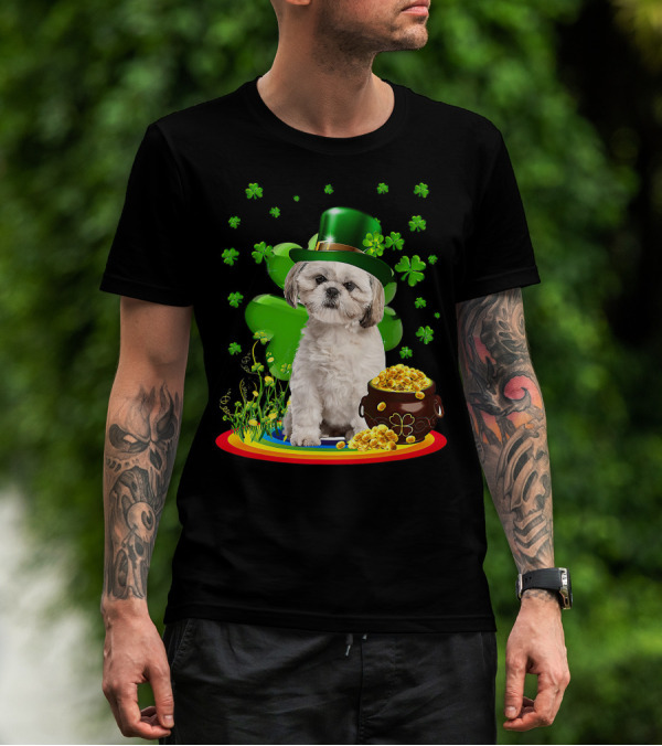 Shih Tzu Irish Shamrock St Patricks Day Lover With Pot Of Gold T-Shirt