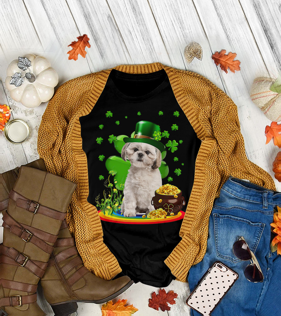 Shih Tzu Irish Shamrock St Patricks Day Lover with Pot of Gold T-Shirt