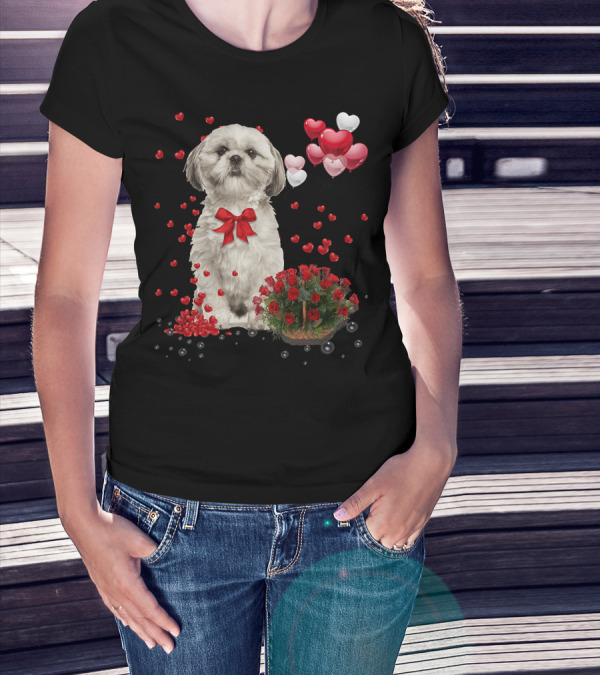 Shih Tzu Valentines Day Funny Dog Lover Happy Vale Roses Hearts Balloons T-Shirt