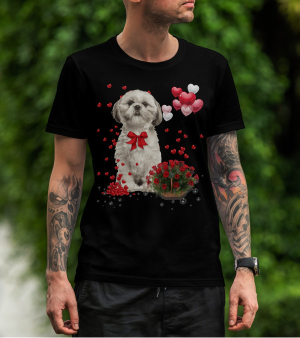 Shih Tzu Valentines Day Funny Dog Lover Happy Vale Roses Hearts Balloons T-Shirt