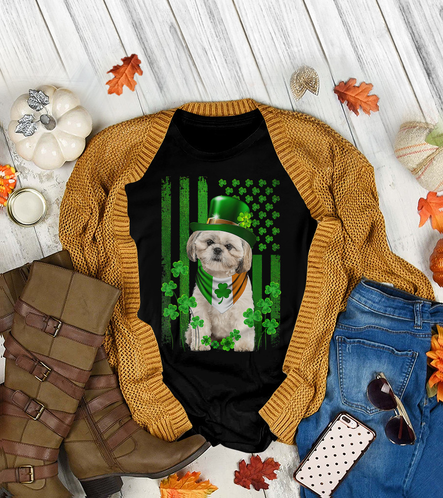St Patrick's Day Shamrock Hat Shih Tzu with Irish Flag Scarf T-Shirt