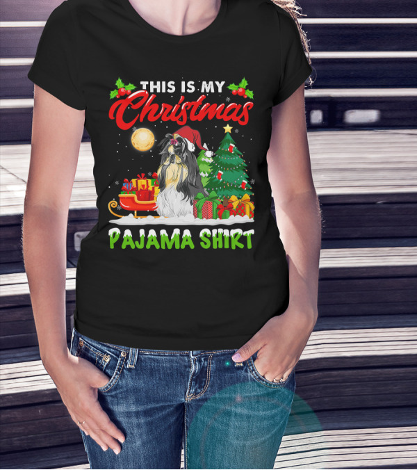 Christmas Pajama Shih Tzu Dog With Santa Hat And Presents T-Shirt