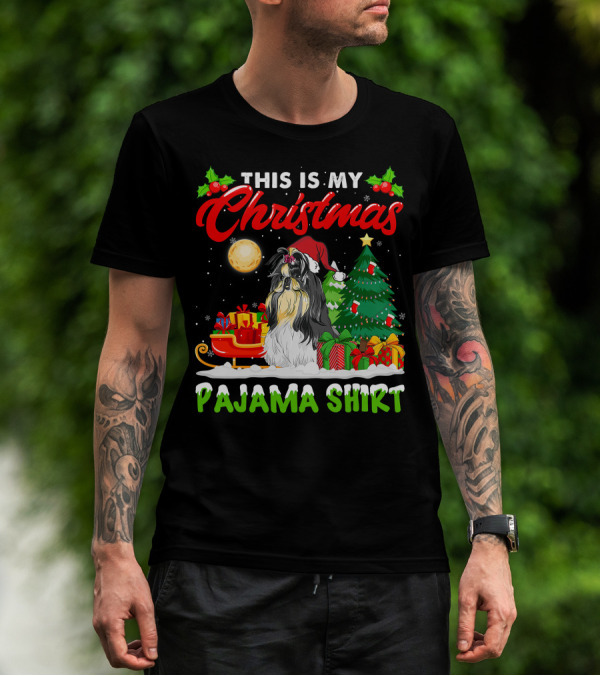 Christmas Pajama Shih Tzu Dog With Santa Hat And Presents T-Shirt