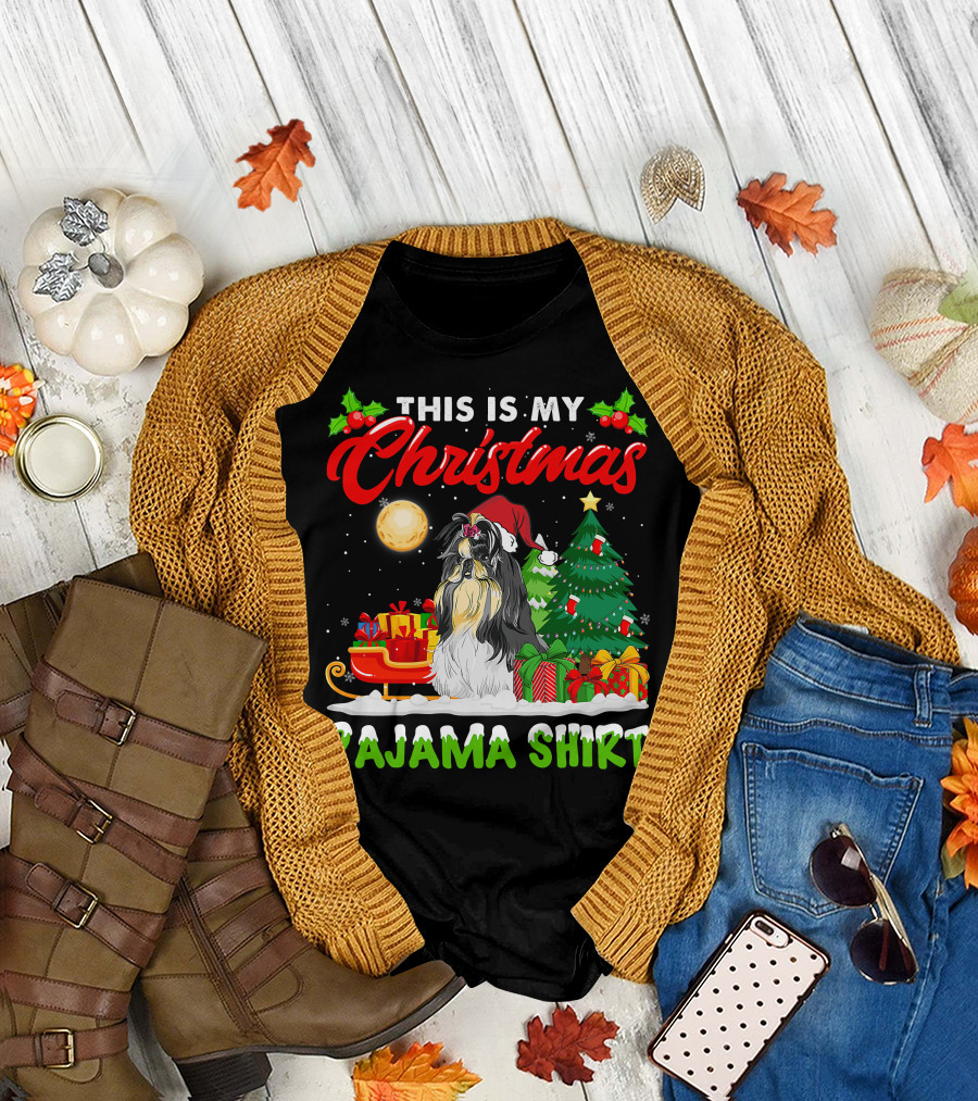 Christmas Pajama Shih Tzu Dog with Santa Hat and Presents T-Shirt