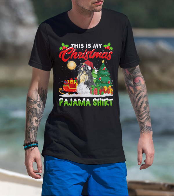 Christmas Pajama Shih Tzu Dog With Santa Hat And Presents T-Shirt