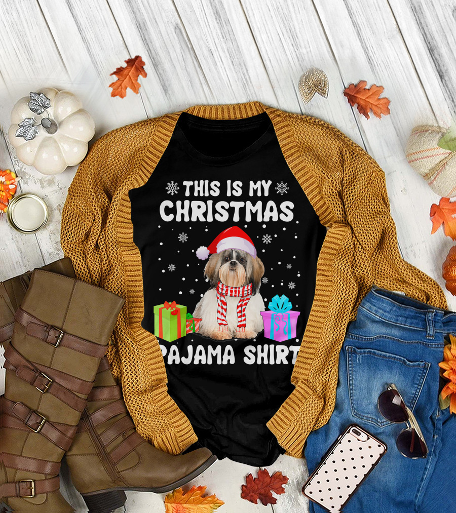 This Is My Christmas Shih Tzu Dog Pajama Puppy Love Santa Hat Presents T-Shirt
