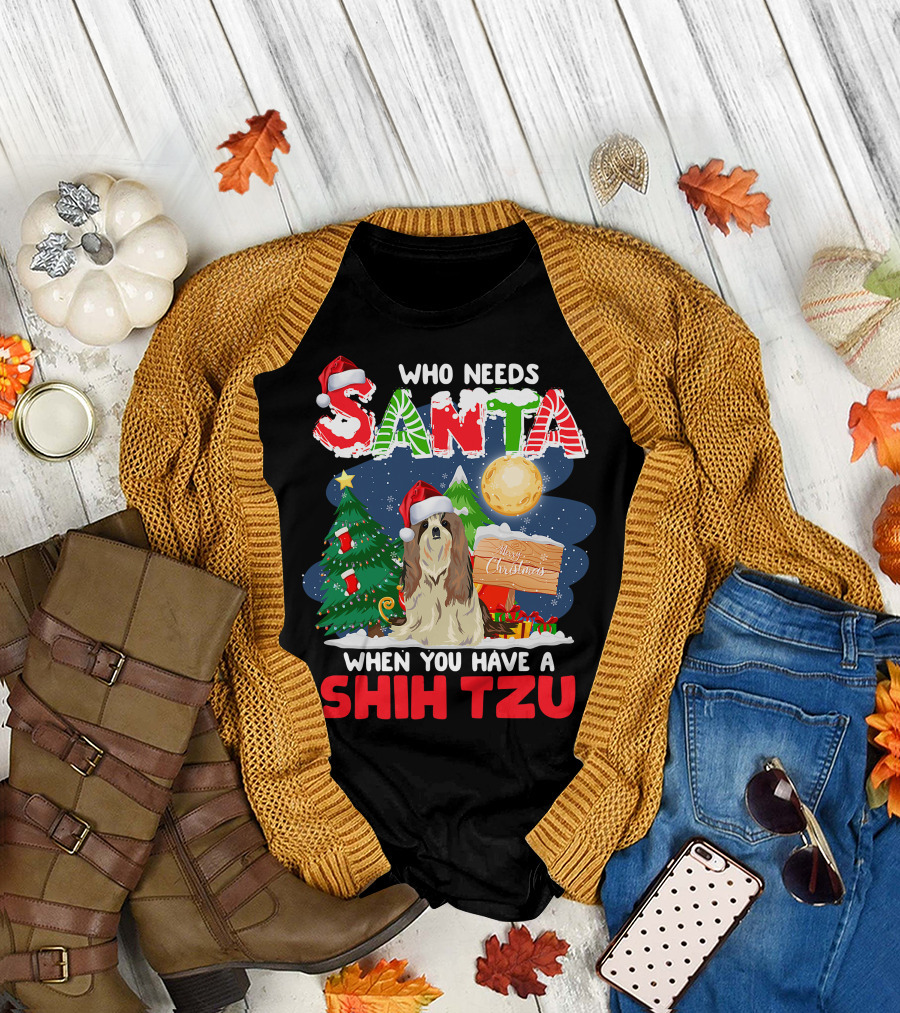 Santa Shih Tzu Merry Christmas Tree Moon Holiday T-Shirt