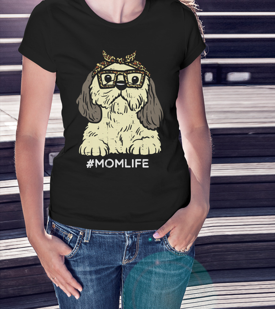 Shih Tzu Leopard Bandana Glasses #MomLife Mothers T-Shirt