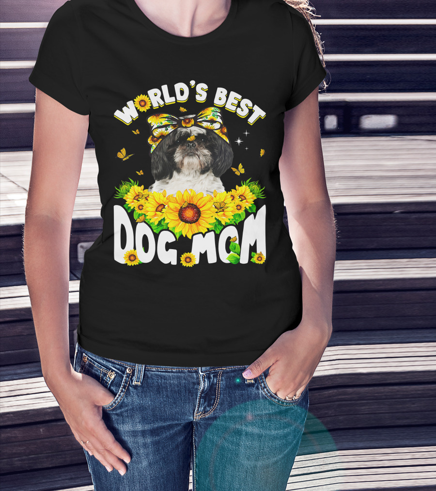 World's Best Shih Tzu Dog Mom Sunflowers And Butterflies T-Shirt