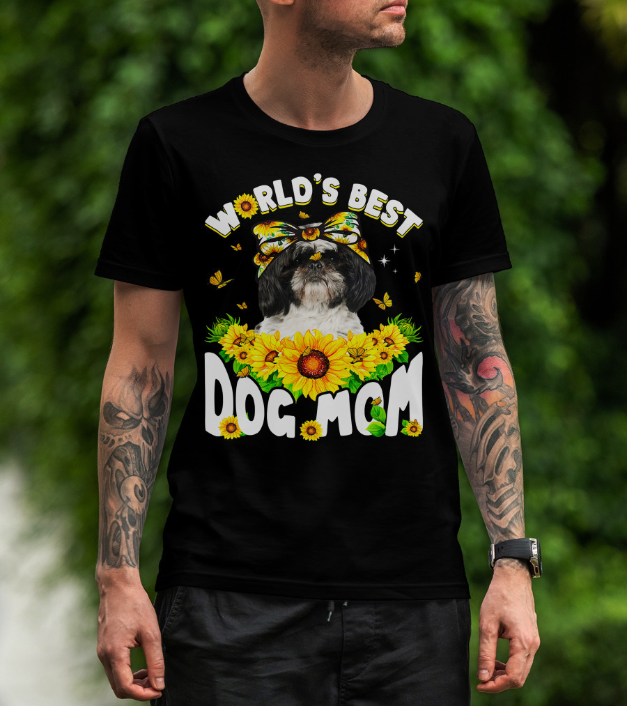 World's Best Shih Tzu Dog Mom Sunflowers And Butterflies T-Shirt
